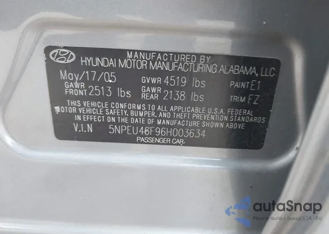 2006 Hyundai Sonata Gls V6/Lx V6 from USA, damaged, VIN 5NPEU46F96H003634